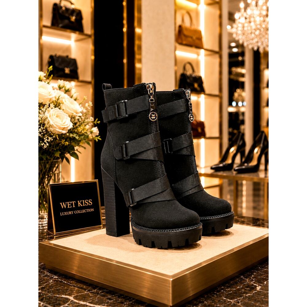 Wet Kiss Chunky High Heel Platform Combat Boots Black 8